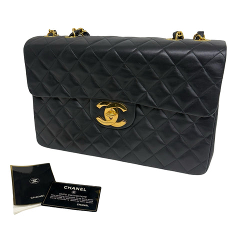 【中古】 CHANEL シャネル JUMBO CLASSIC FLAP デカマトラッセ ショルダーバッグ 3番台(1995年) ブラック ラムスキン ヴィンテージ 中古 USED バッグ