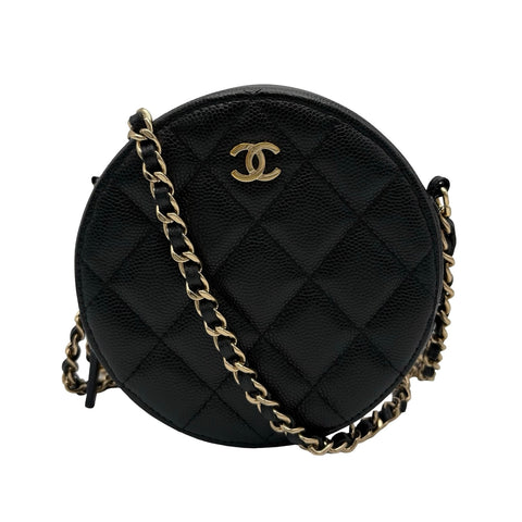 【中古】 CHANEL シャネル ラウンドチェーンショルダーバッグ  ブラック キャビアスキン 28番台(2019年) ブランドバッグ ショルダーバッグ  中古品 レディース